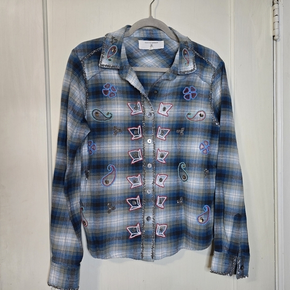 MISS ME VINTAGE BEADED SEQUIN PLAID FLANNEL Western SHIRT Size Medium - Picture 6 of 10
